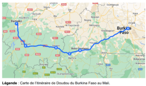 Carte de l’itinéraire de Doudou du Burkina Faso au Mali.